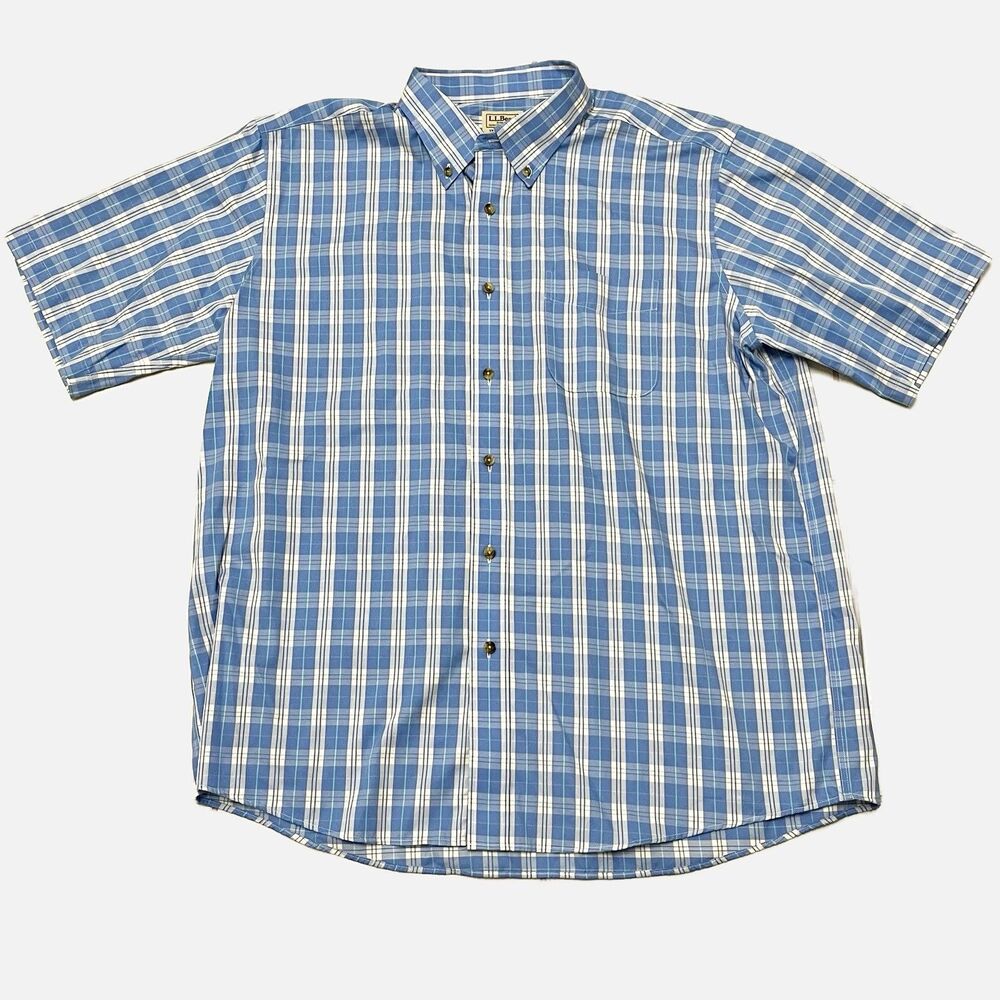 LL Bean Traditional Fit Blue Plaid Short Sleeve Shirt Size XL  Regular